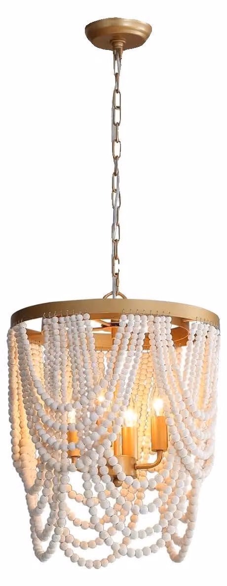 Lampadario, perline in legno, design versatile, bianco vintage, 4 luci