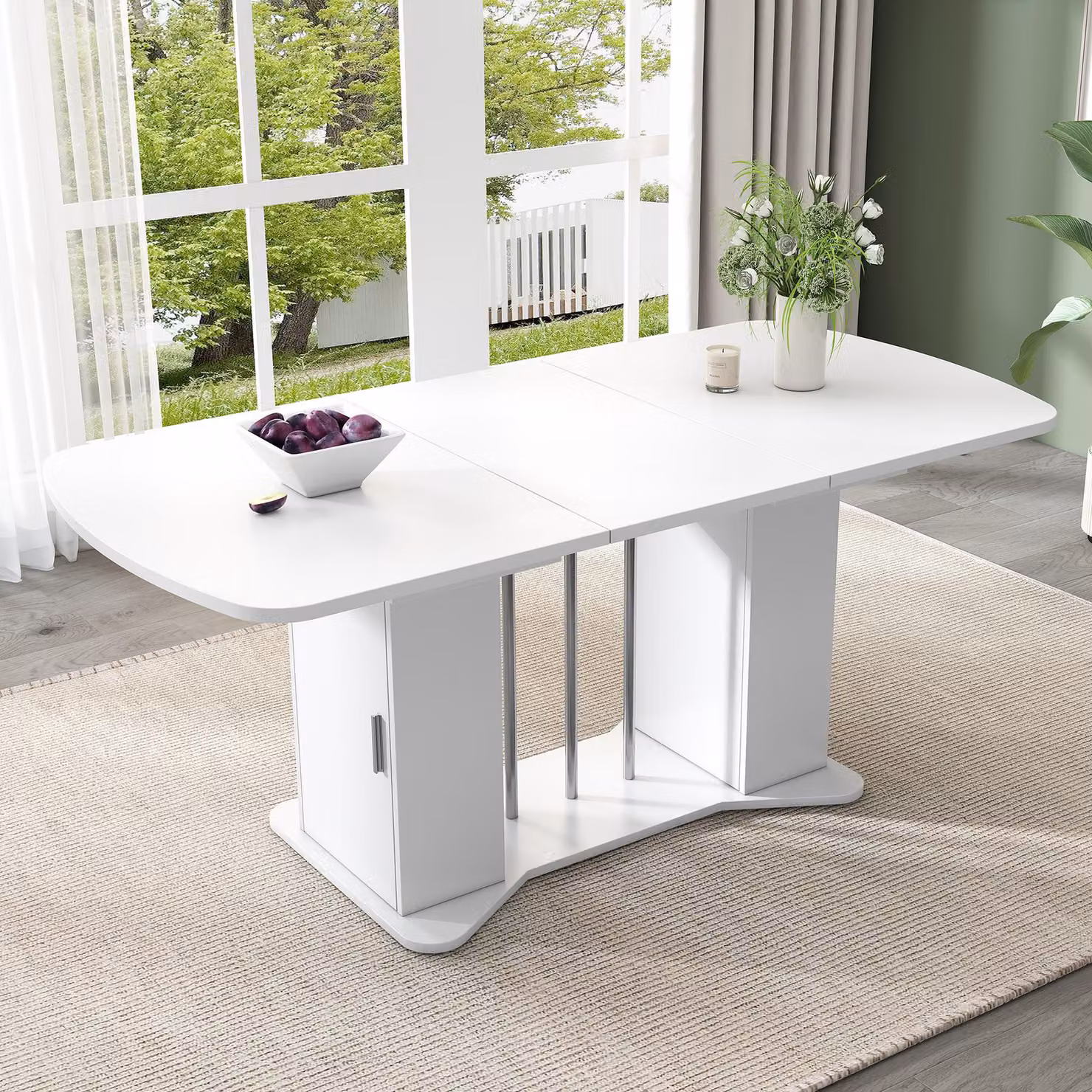 MODFU Tavolo da pranzo allungabile con spazio contenitore, 120/160 x 80 cm, gambe in metallo argentato, tavolo multifunzionale per il tempo libero, adatto per 4-6 persone, bianco con gambe argentate