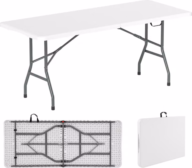 Tavolo da giardino COSTWAY 180x74 cm, tavolo da campeggio pieghevole, tavolo pieghevole con piano in HDPE e maniglia per il trasporto, tavolo da balcone per 6-8 persone, bianco