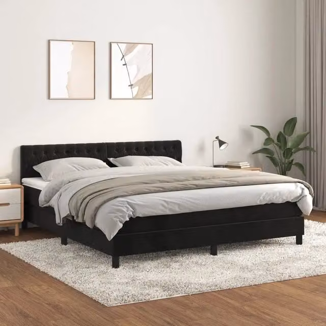 Letto Ibrido vidaXL con Giroletto a Molle e Materasso in Velluto Nero e Bianco L/P: 180 x 200 cm