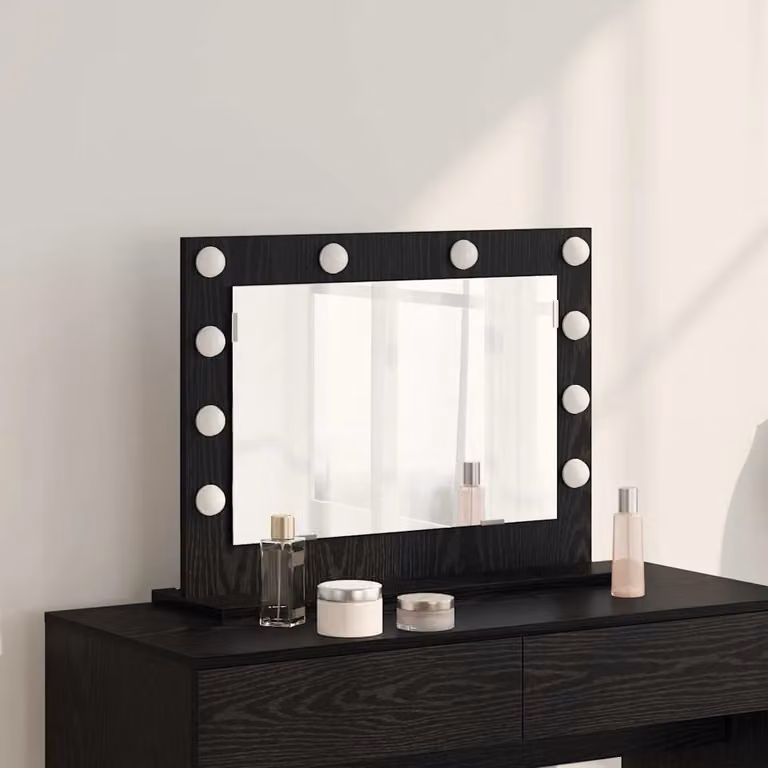 Specchio da vanità moderno vidaXL con luce LED e porta USB, rettangolare, nero, L: 60 cm, P: 45 cm, H: 18 cm