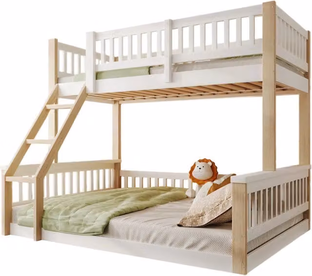 Letto a castello REDOM in legno di pino per bambini, design scandinavo a forma di casetta, colore bianco e naturale, L/P/H: 205 x 150 x 147 cm – 1