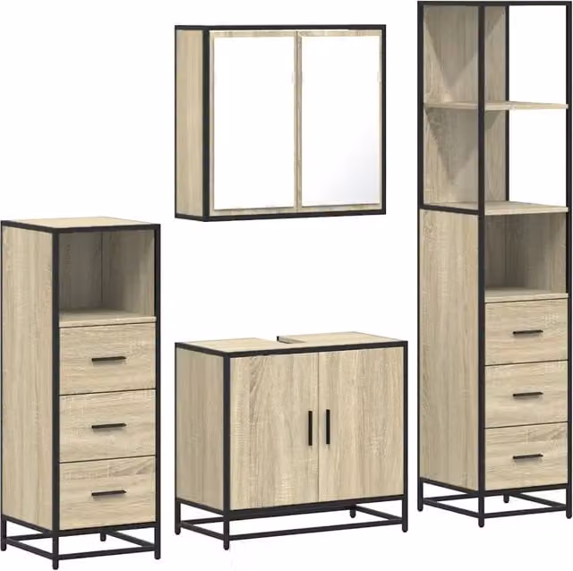 Set Mobili da Bagno 4 Pezzi in Legno e MDF Stile Industrial, Colore Marrone e Beige, con Armadietto Specchio, Mobile Lavabo, Mobile Laterale e Colonna Alta