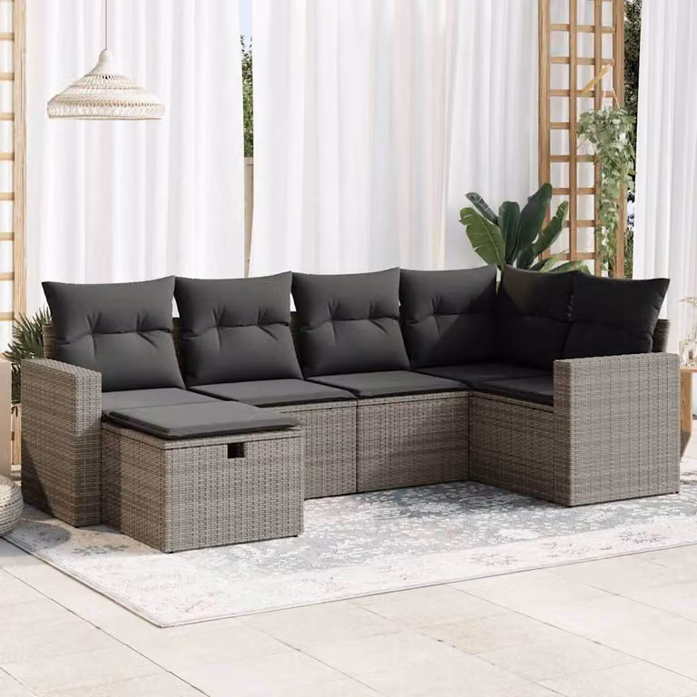 Set Divano da Giardino vidaXL 6 pz in Polyrattan Grigio con Cuscini e Ottoman a Forma di L