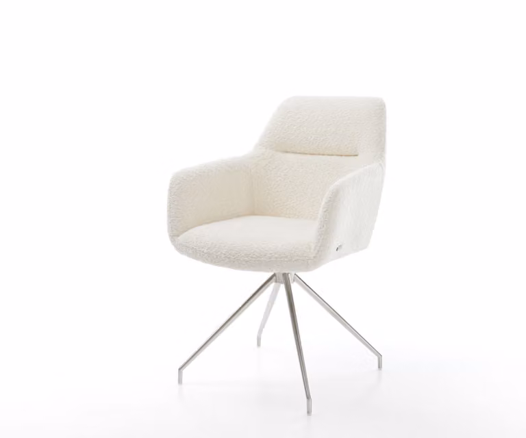 DELIFE, sedia da pranzo Pejo-Flex, rivestimento in bouclé bianco, struttura a croce, acciaio inossidabile con forma conica, imbottitura in molle insacchettate