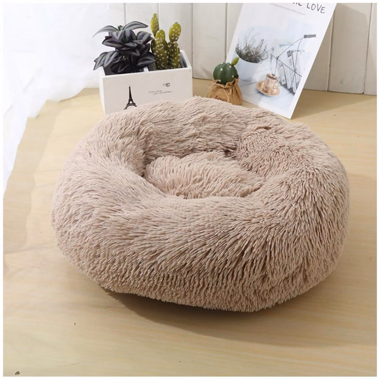 Cuccia per cani, forma circolare, diametro 110 cm, colore kaki, realizzata in peluche a forma di ciambella con bordo, lavabile e antiscivolo