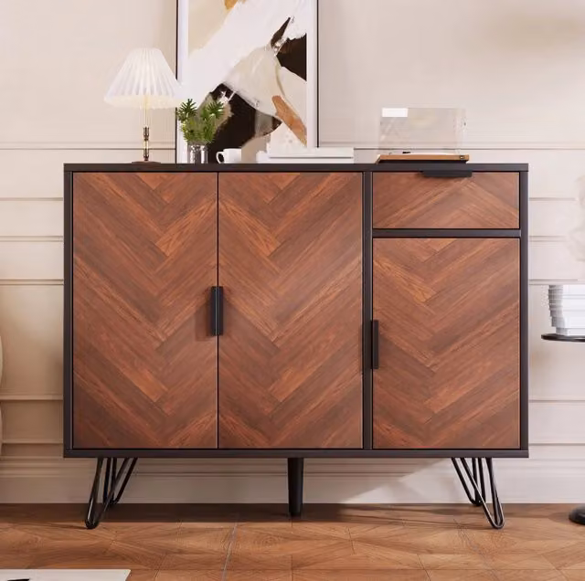 Credenza moderna con cassetto e ripiani regolabili in MDF e metallo, finitura opaca, colore nero e marrone, L 90 cm x P 30 cm x H 71,5 cm – 1