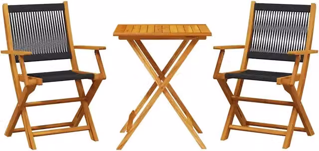 Set da Bistrot 3pz | Set Salotto da Giardino Nero in Polipropilene e Legno Massello