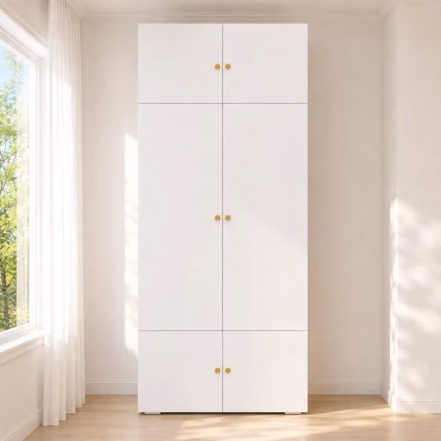 Armadio alto 90 x 50 x 200 cm; ante a battente; 1 asta appendiabiti; 5 scomparti contenitore; design moderno; bianco