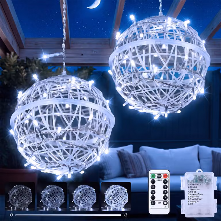 Set di 2 sfere luminose a LED, luce bianca fredda, grado di protezione IP65, con telecomando e timer