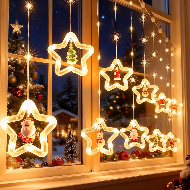 Tenda luminosa a forma di tenda, decorazione natalizia per finestre, 100 LED a forma di stelle, con decorazioni natalizie