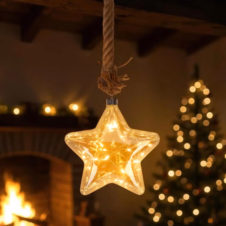 Stella di Natale in vetro con luci LED, color argento, da appendere, con timer - diametro 20 cm - decorazione a forma di stella, illuminata con luce bianca calda, alimentata a batteria