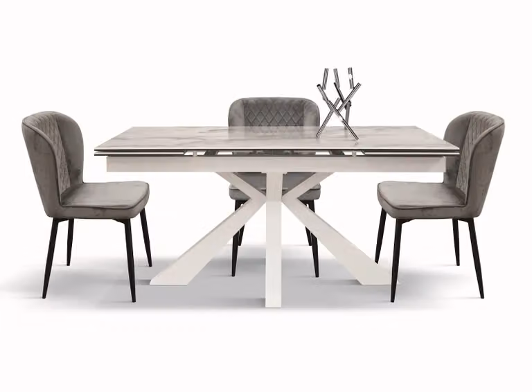 Tavolo BEVERLY HILLS in vetroceramica effetto marmo statuario e base in metallo bianco, allungabile 160×90 cm – 240×90 cm