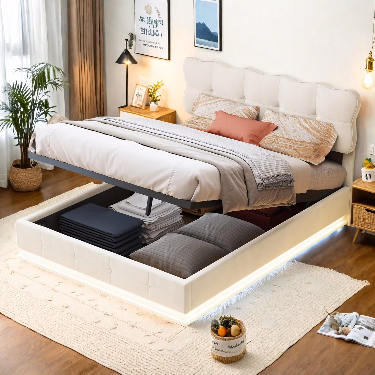 Letto imbottito Fortuna Lai con illuminazione a LED e contenitore, 140x190 cm, con rete idraulica, testata con rivestimento in velluto, beige, senza materasso
