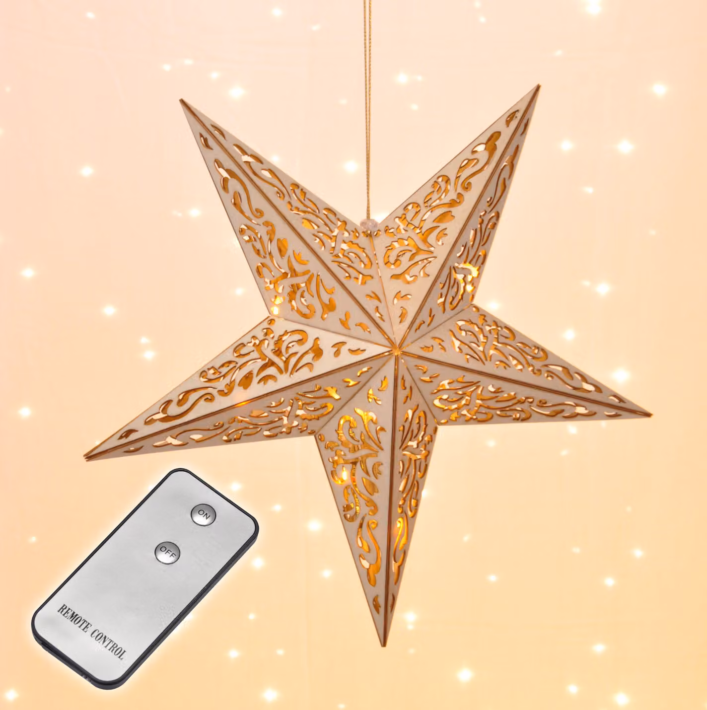 Stella di legno a LED con 10 LED bianchi caldi e telecomando