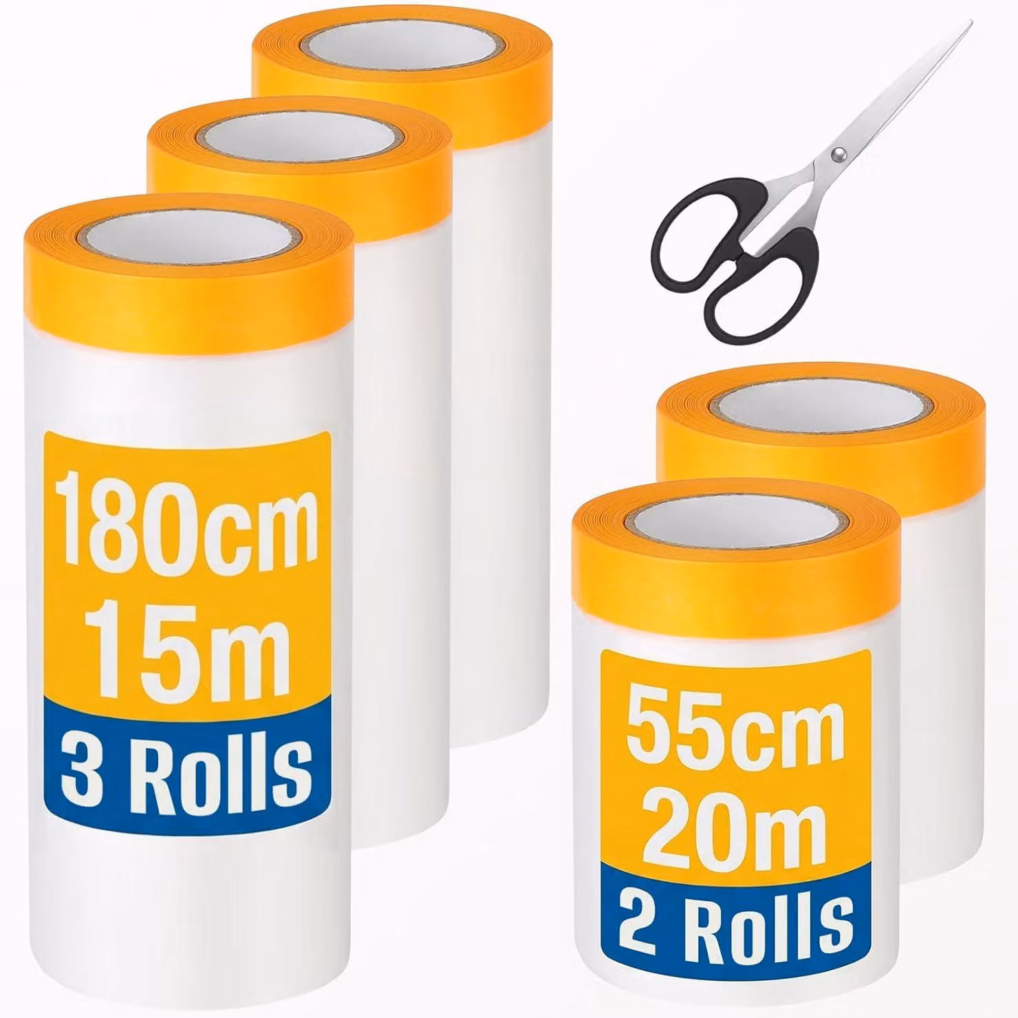 Pellicola protettiva trasparente, 5 rotoli, dimensioni 180 cm x 15 m e 55 cm x 20 m, con forbici, ideale per proteggere mobili e pareti