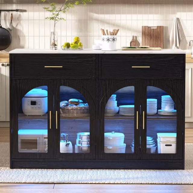 Isola da cucina con LED ¨C Minimal ¨C nero, mobile cucina con cassetti, ripiani regolabili, porte ad arco trasparenti
