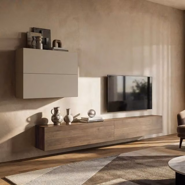 Parete Attrezzata e Mobile Soggiorno Suisio DMORA con 4 Ripiani e Ante a Battente, Beige Opaco – 1