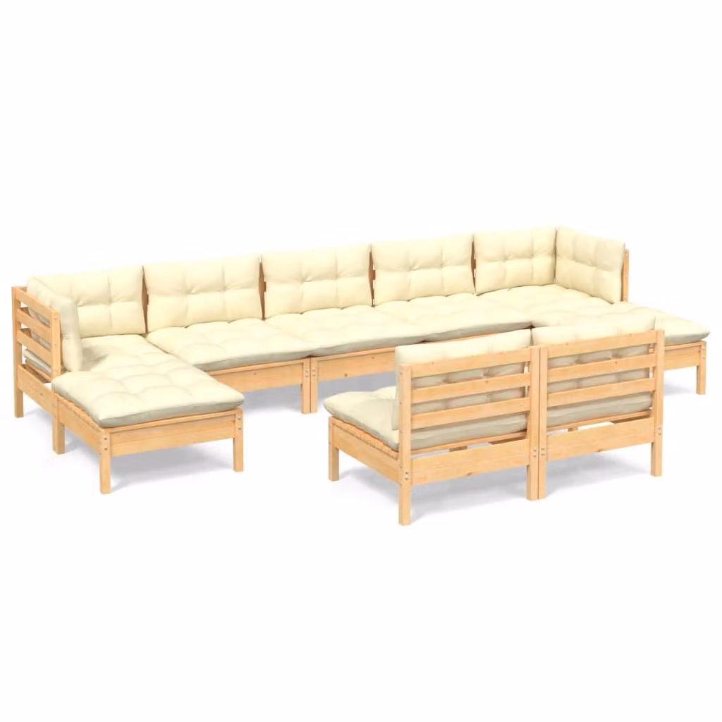 Set Salotto da Giardino 9 pz con Cuscini Crema in Legno di Pino