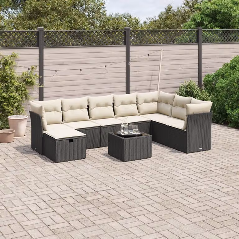 vidaXL Set Divani da Giardino a L 9 pz con Cuscini e Tavolino Nero in Polyrattan e Acciaio