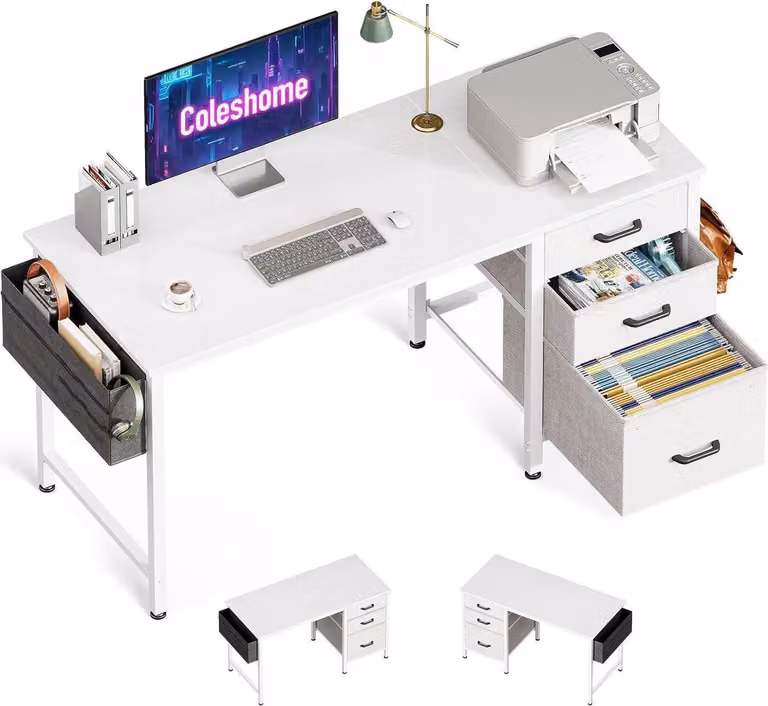Scrivania con 3 cassetti, scrivania per computer con ganci e borsa in tessuto, scrivania per PC per l'ufficio di casa