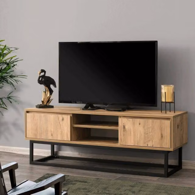 Mobile porta TV Kira DMORA, Credenza moderna per soggiorno in legno e metallo, Nero e Marrone, L: 140 cm, P: 40 cm, H: 50 cm
