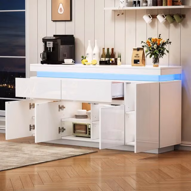 Credenza da soggiorno WISHDOR moderna in bianco lucido con illuminazione LED integrata L/P/H: 140 x 35 x 72,5 cm