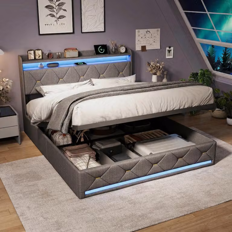 Letto imbottito ProximaX 140x200 cm con rete a doghe, letto boxspring idraulico con contenitore, letto matrimoniale con contenitore, testiera con contenitore e LED, lino, grigio