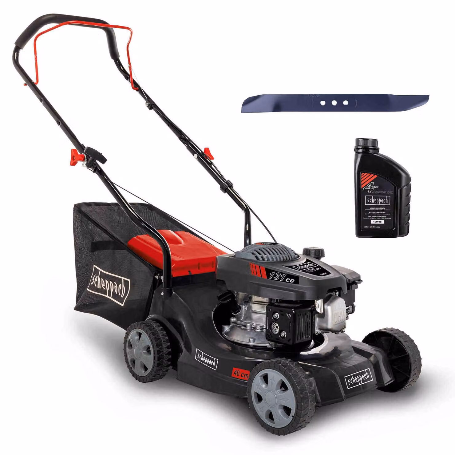 Tosaerba a benzina Scheppach MP132-40 | Potenza 3,3 CV | Larghezza di taglio 40 cm | Regolazione dell'altezza di taglio a 3 livelli | 35 litri | incl. olio motore e lama di ricambio