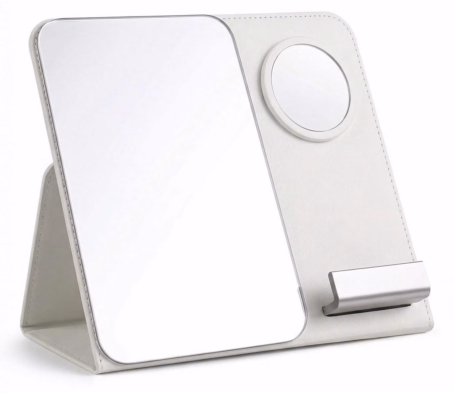 Specchio da viaggio pieghevole con supporto per telefono, ingrandimento 10x, in ecopelle, colore bianco
