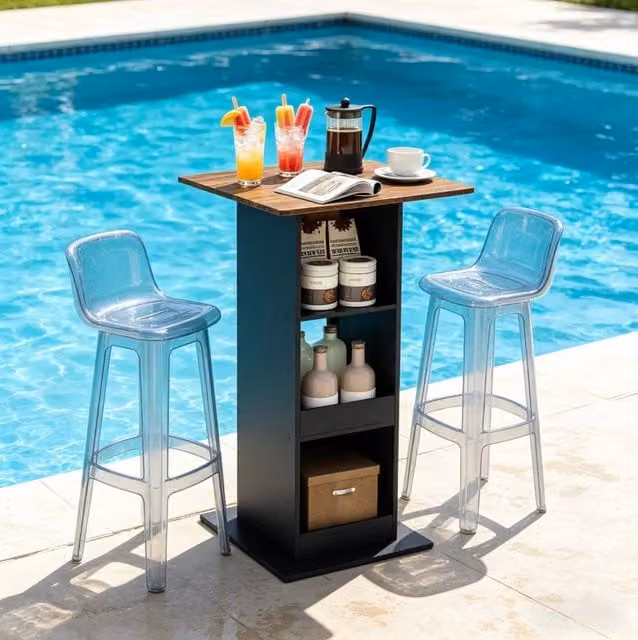 Tavolo bar ULEVR 60x60x109 cm con 3 vani a giorno, tavolo alto bicolore nero e marrone rustico