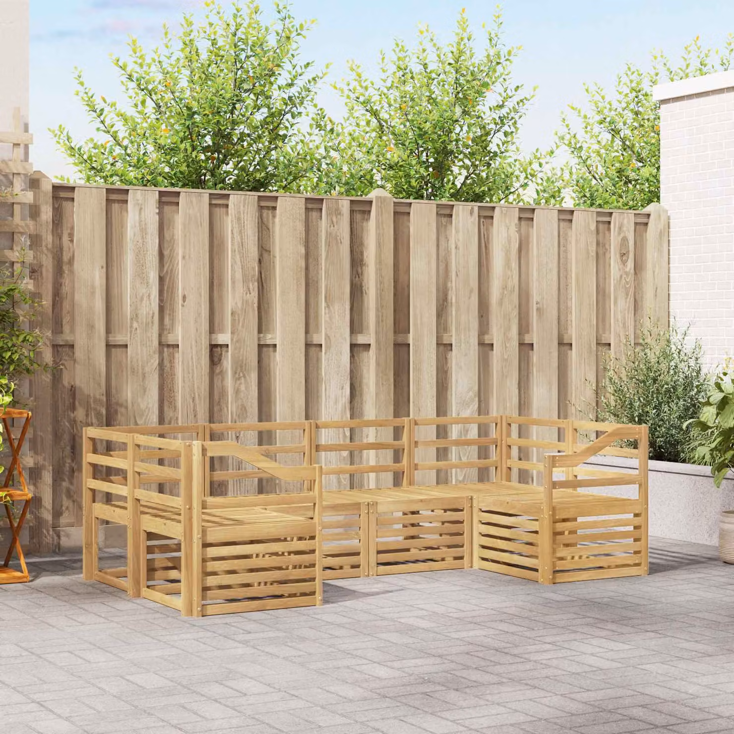 Set di divani da esterno vidaXL in legno di acacia massello con cuscini bianchi e marroni, design moderno a forma di L per giardino e terrazza, 6 pezzi