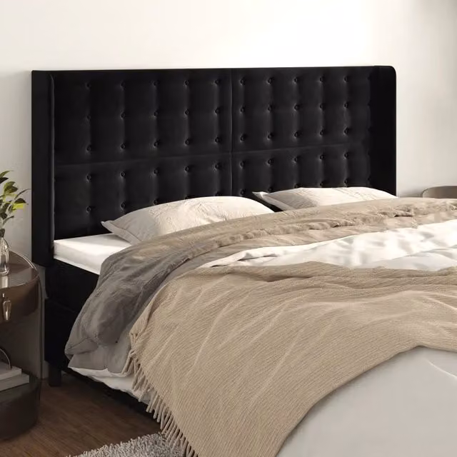 Testiera ad orecchio vidaXL in velluto nero con struttura in legno e MDF L: 203 cm, P: 16 cm, H: 118/128 cm
