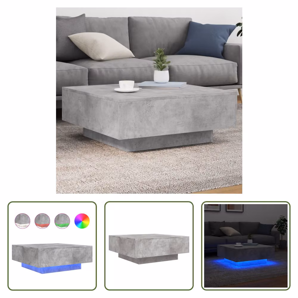 The Living Store Tavolino con luci LED grigio cemento 80x80x31 cm