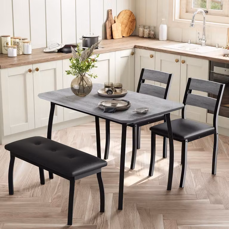 Set da pranzo completo per 4 persone, color grigio, composto da 2 sedie e 1 panca, ideale per ottimizzare lo spazio