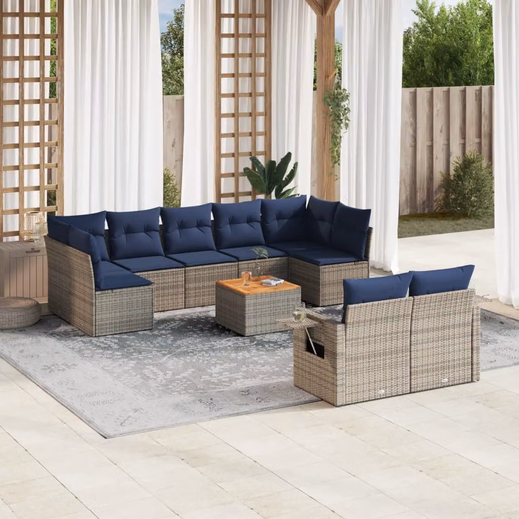 Set di divani da giardino vidaXL in polyrattan grigio con cuscini e tavolino da esterno a forma di U