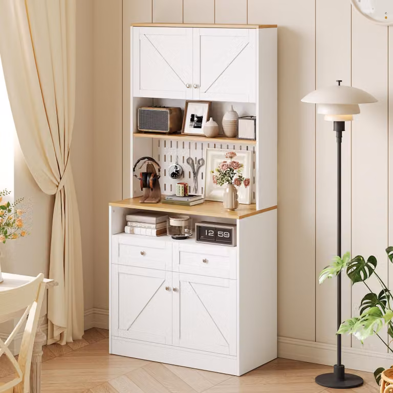 Mobiletto da cucina Flieks con 2 cassetti, 4 ante, mobiletto buffet per cucina, sala da pranzo e soggiorno, credenza con maniglie argentate, ampio spazio di stoccaggio, bianco