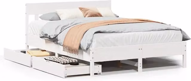 Letto matrimoniale in legno massello di pino bianco con cassetti stile rustico L/P/H: 120 x 200 x 81 cm