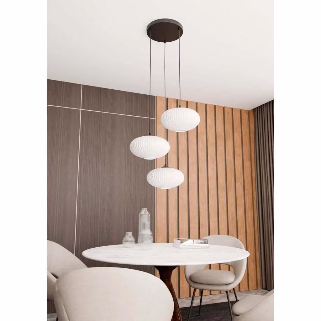 Lampadario a sospensione Peteh Luceart-Classic con 3 luci, base tonda in metallo nero e paralumi plissettati in tessuto bianco, ideale per cucina o sala da pranzo – 2