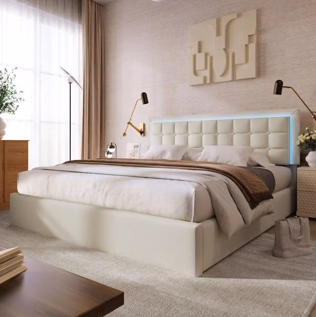 Letto matrimoniale con contenitore, rete a doghe e illuminazione LED, struttura in PU bianco 180x200 cm senza materasso
