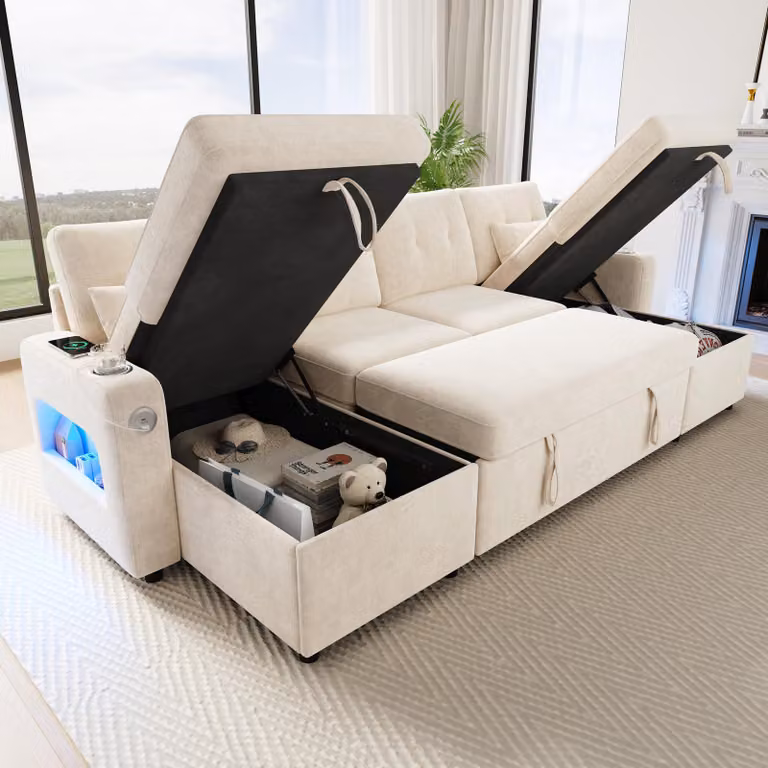 Merax Divano angolare Divano letto con funzione letto, divano a U con vano contenitore, chaise longue doppia, portabevande e illuminazione USB/LED, divano letto, beige