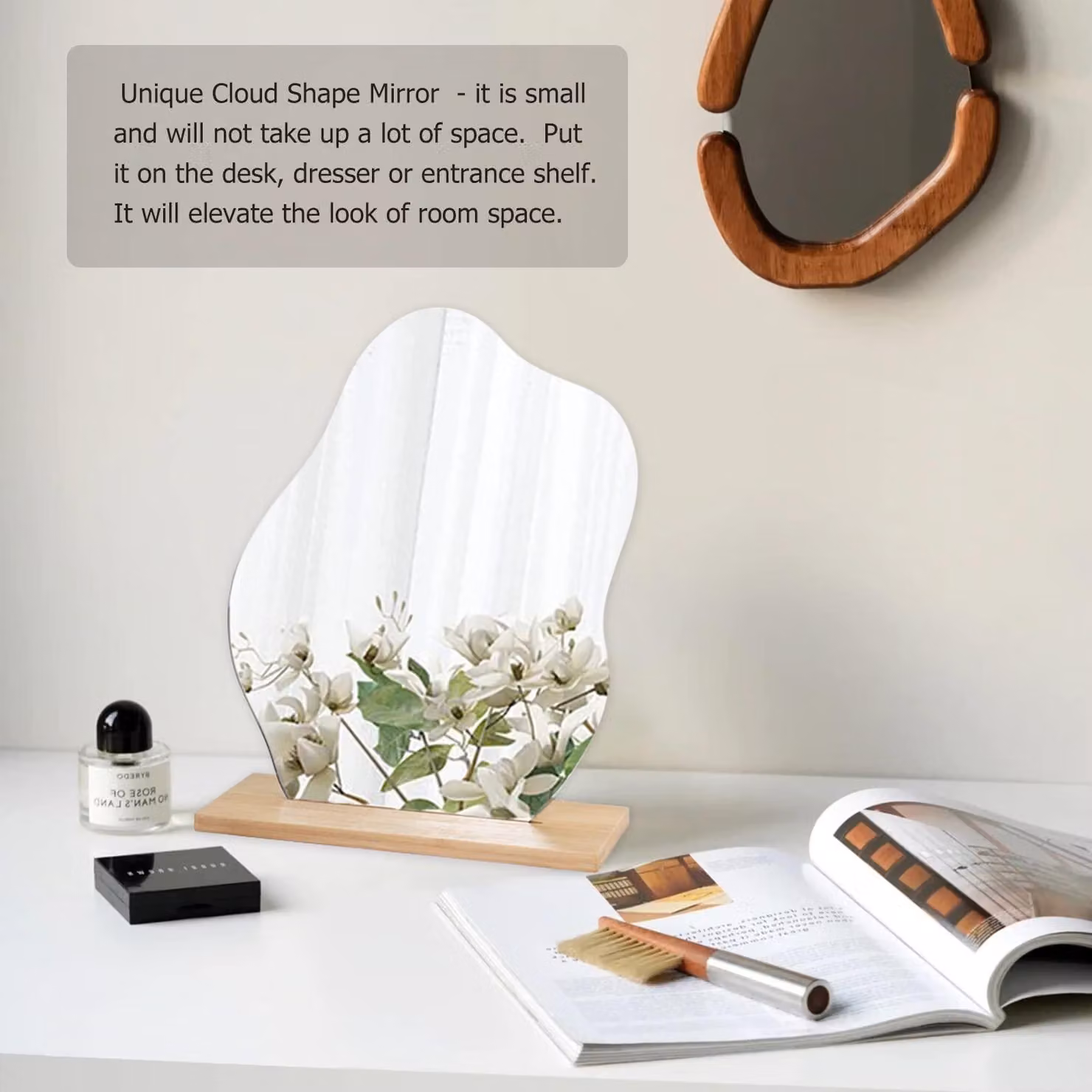 Specchio da tavolo a forma di stella irregolare, in acrilico, con base in legno, decorativo, confezione singola, ideale per il trucco