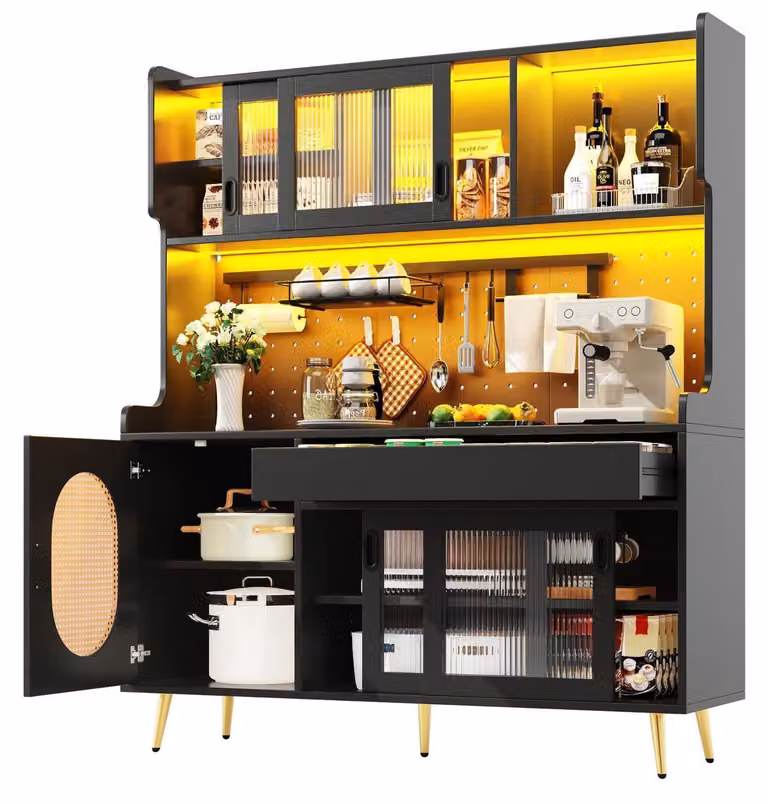 Mobiletto da cucina, credenza laterale con illuminazione a LED e cassetti, dimensioni 145x39x171 cm, colore nero