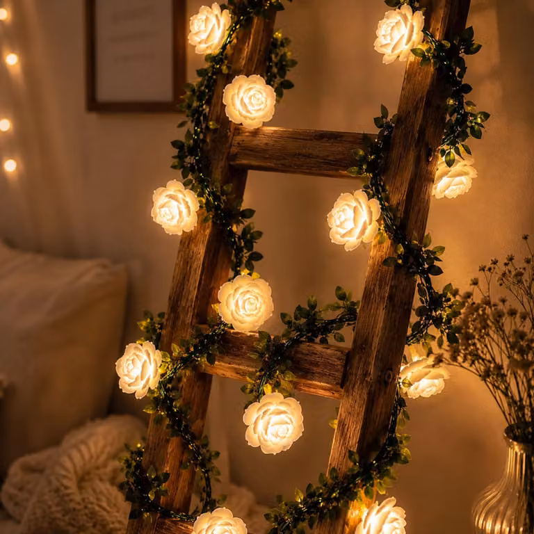 Catena luminosa a LED a forma di rose, lunghezza 1,5 metri, 10 rose di colore bianco caldo, alimentata a batteria