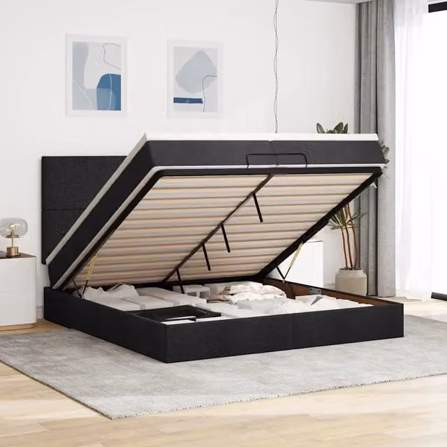 Letto con contenitore a sollevamento vidaXL in tessuto nero e bianco L: 200 cm, P: 200 cm, H: 280 cm