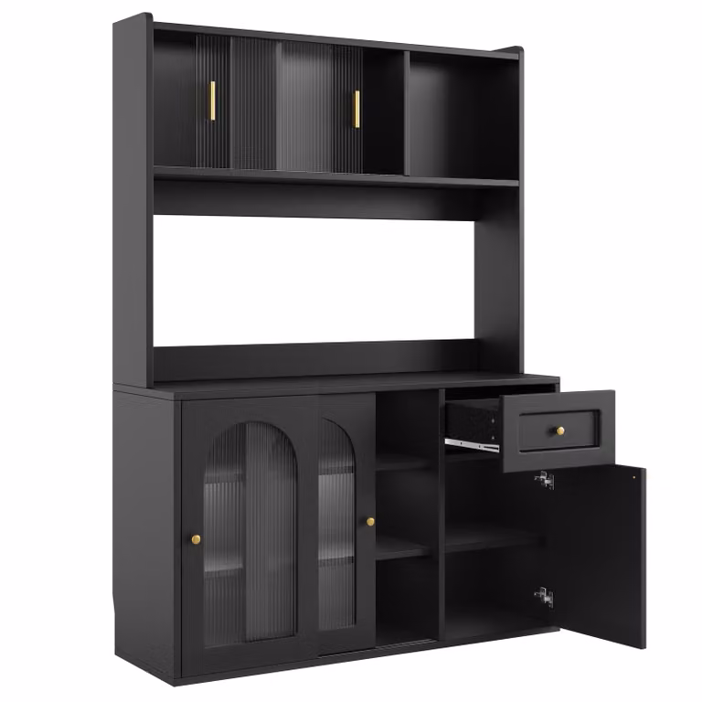 Colonna Flieks 120x35x167 cm, buffet da cucina con LED, mobile contenitore con ante scorrevoli in vetro, nero