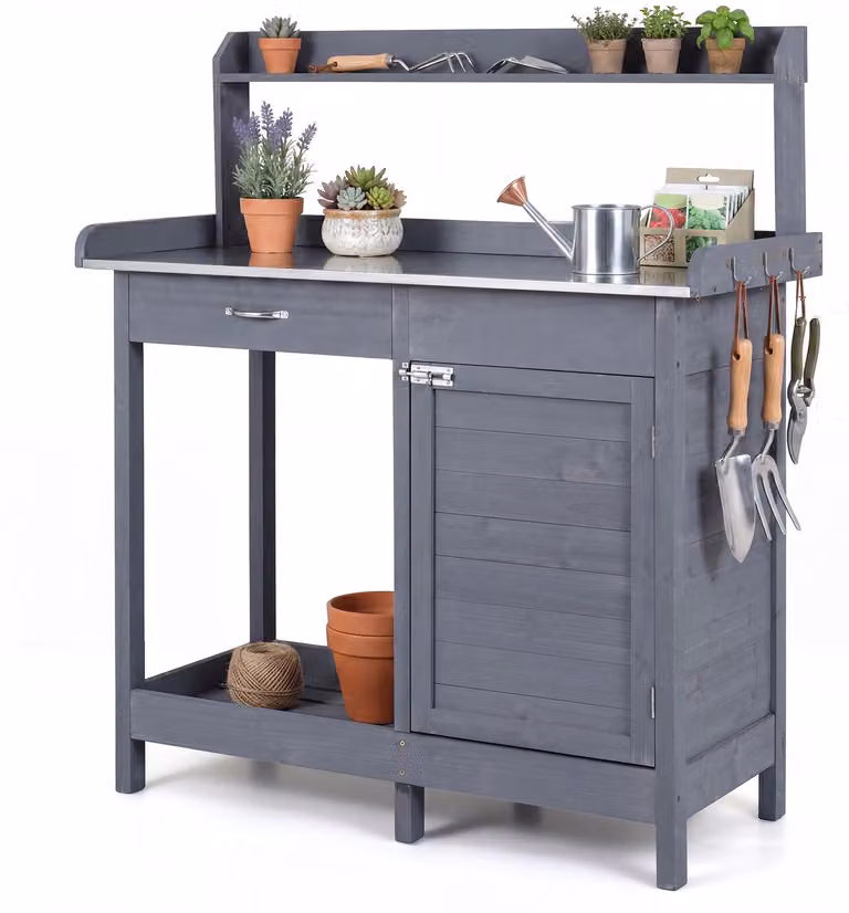 Tavolo da lavoro per giardinaggio COSTWAY con piano in acciaio inossidabile, dotato di cassetto, mobiletto, ripiano e 3 ganci. Ideale come tavolo da lavoro per giardinaggio, tavolo per piante, dimensioni 112x46,5x125 cm