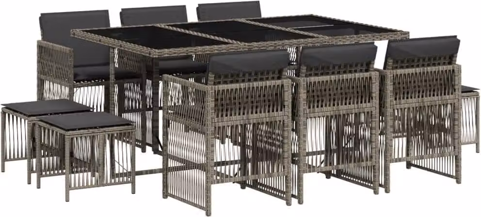 Set da Pranzo da Giardino 11pz con Cuscini in Polyrattan Grigio