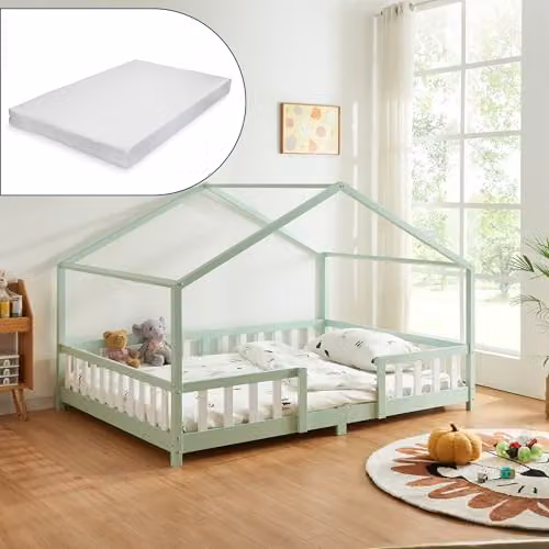 [en.casa] Letto a Casetta con Materasso 120x200 cm Menta Verde/Bianco