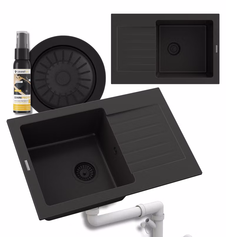 Granitan - Lavello in granito - Lavello da cucina - 68 cm - Nero - con sifone - Lavello - MINO